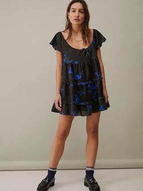 Black and Blue Floral Tiered Babydoll Dress